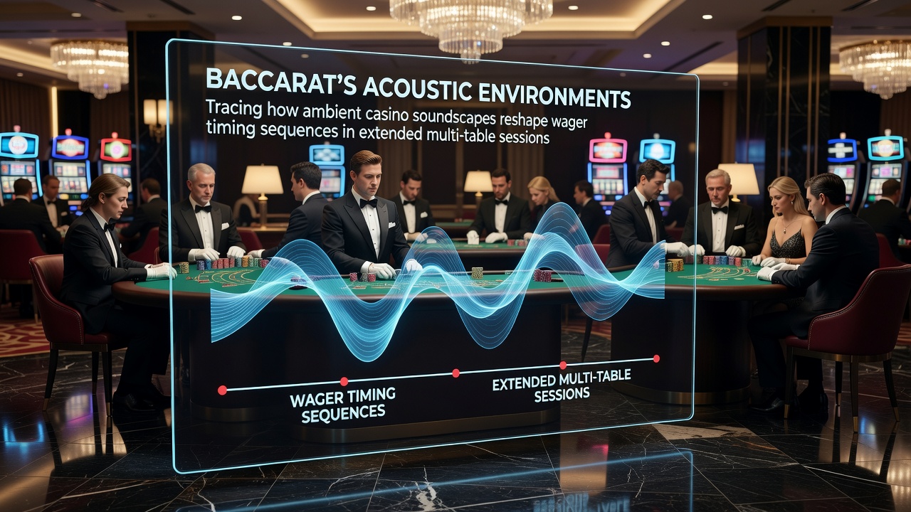 Casino floor with ambient lighting and subtle sound elements around multiple baccarat tables during evening hours
