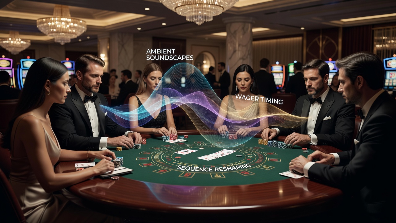 Close-up view of baccarat tables with players engaged amid layered casino sounds and lighting
