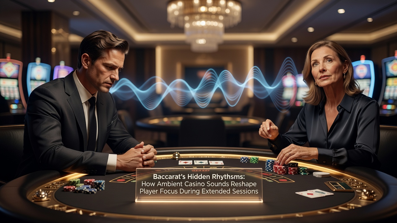 Baccarat-Tisch mit umgebenden Casino-Geräuschen und Spielern in einer ausgedehnten Session