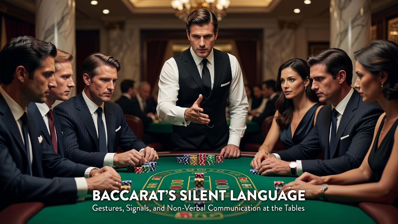 Baccarat-Tisch mit Spielern und Dealern bei der Verwendung nonverbaler Signale während einer Runde