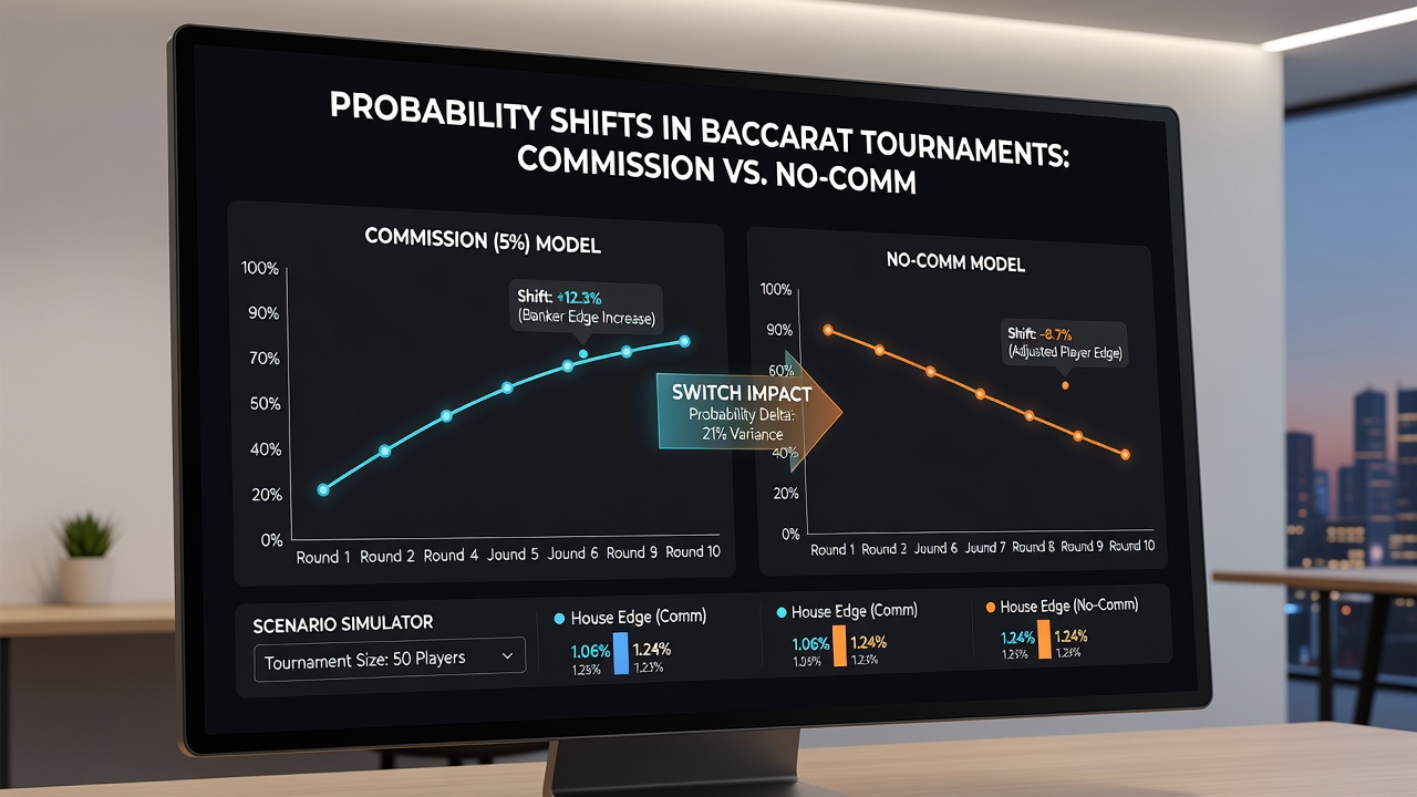 Diagramm zur Berechnung von Wahrscheinlichkeitsverschiebungen in Baccarat mit Fokus auf Kommissions- und No-Commission-Formate