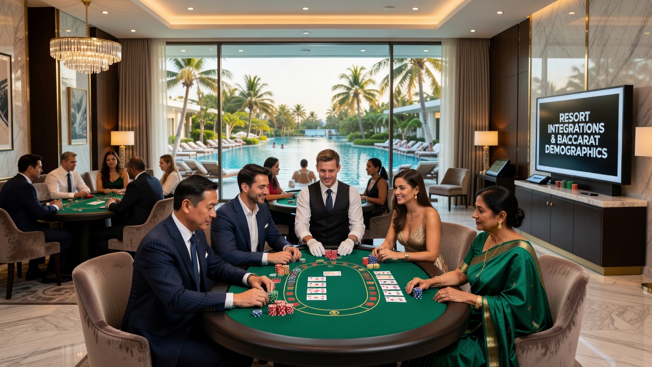 Resort-Hotel-Integration mit Baccarat-Tischen und diversen Spielergruppen in einem modernen Casino-Setting