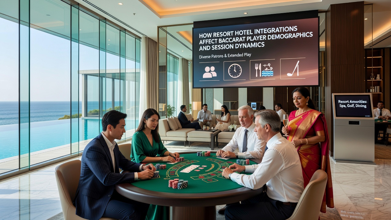 Baccarat-Spieler an einem Resort-Tisch während einer verlängerten Session mit integriertem Hotel-Ambiente