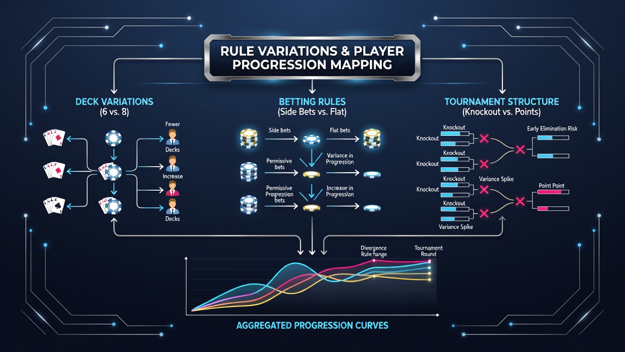 Spieler an einem Baccarat-Turniertisch analysieren Roadmaps unter veränderten Regelbedingungen
