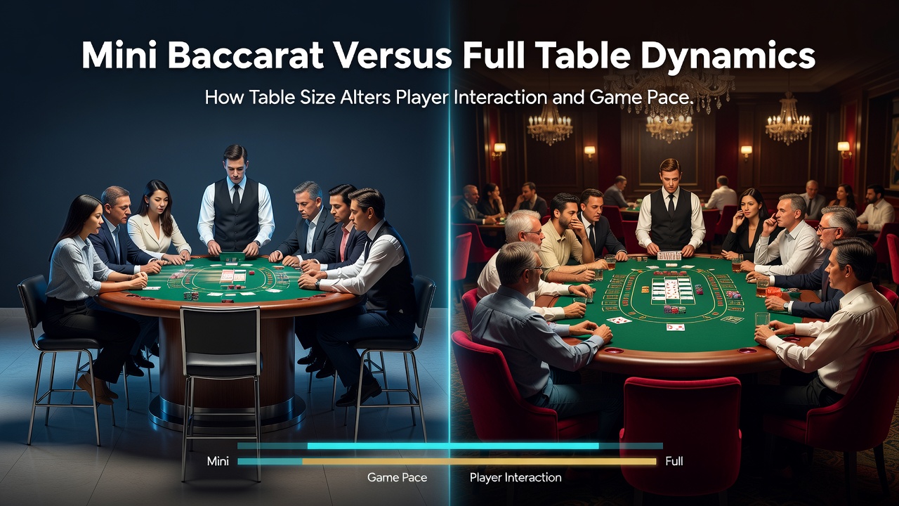 Spieler an einem Mini-Baccarat-Tisch mit enger Interaktion im Vergleich zu einer größeren vollen Tischszene