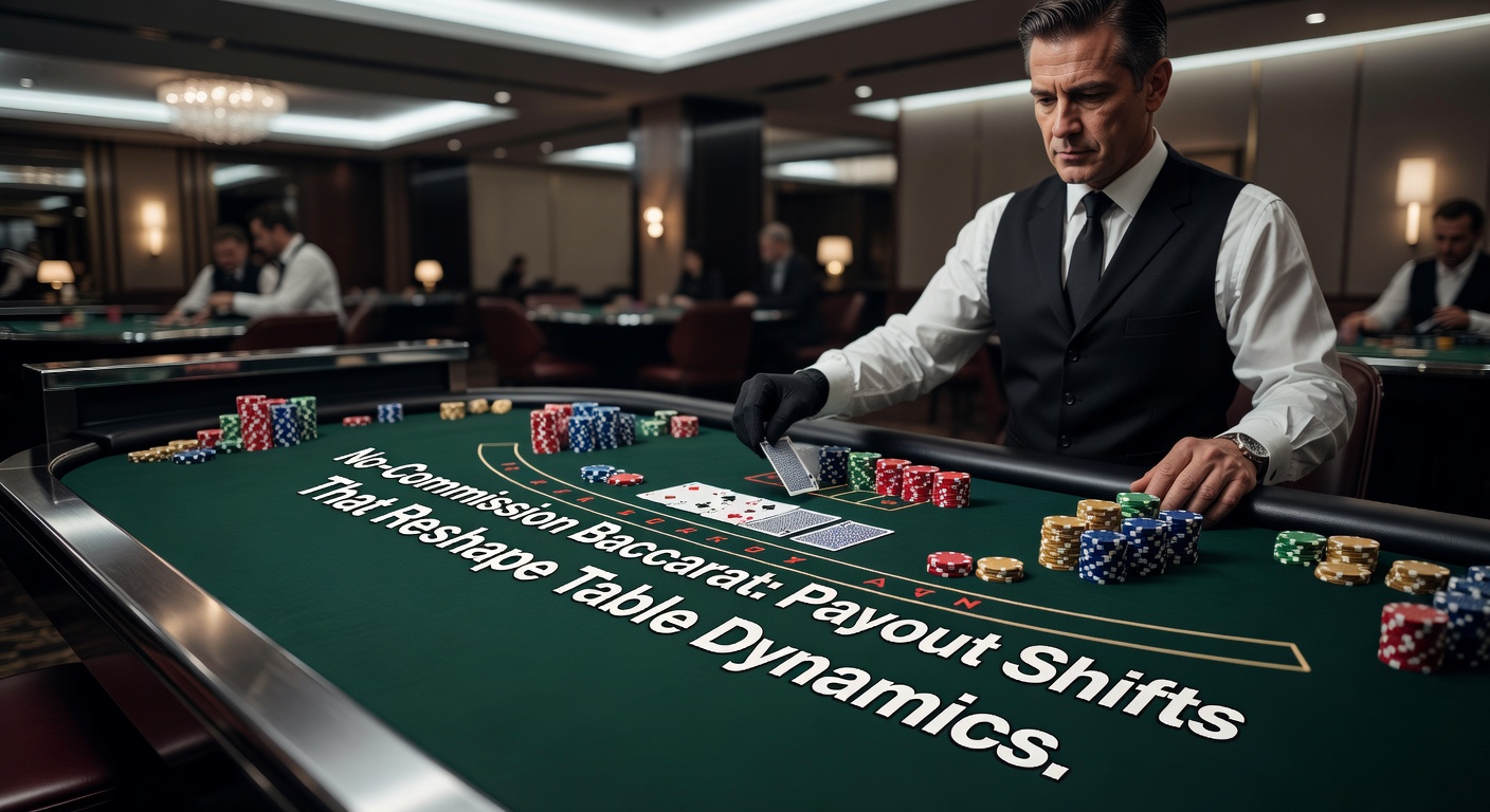 Ein lebhafter Baccarat-Tisch mit Spielern, die auf No-Commission-Variante wetten, beleuchtet durch Casino-Lichter und Karten im Flug