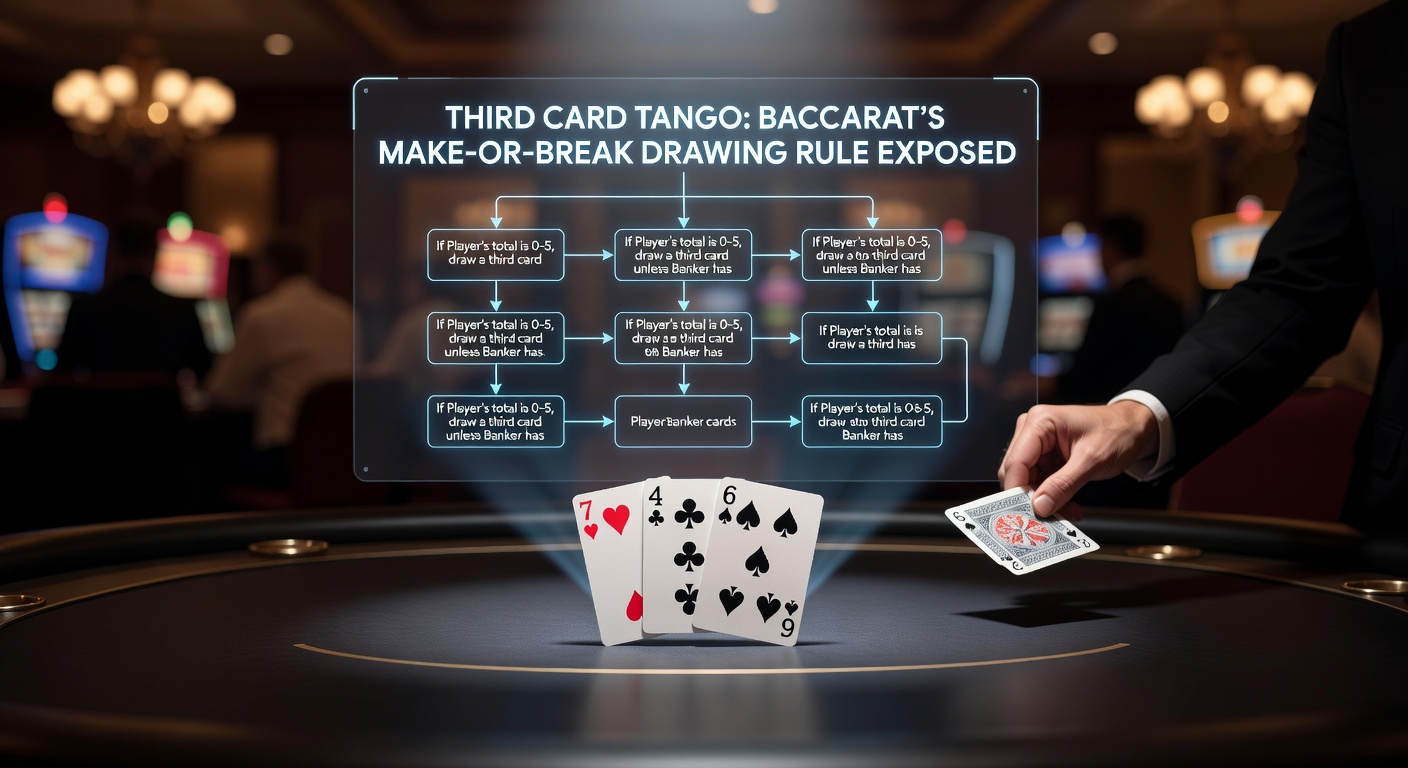 Ein Baccarat-Tisch mit Karten in der Hand des Dealers, der die Dritt-Karte-Regel demonstriert, beleuchtet durch Casino-Lichter