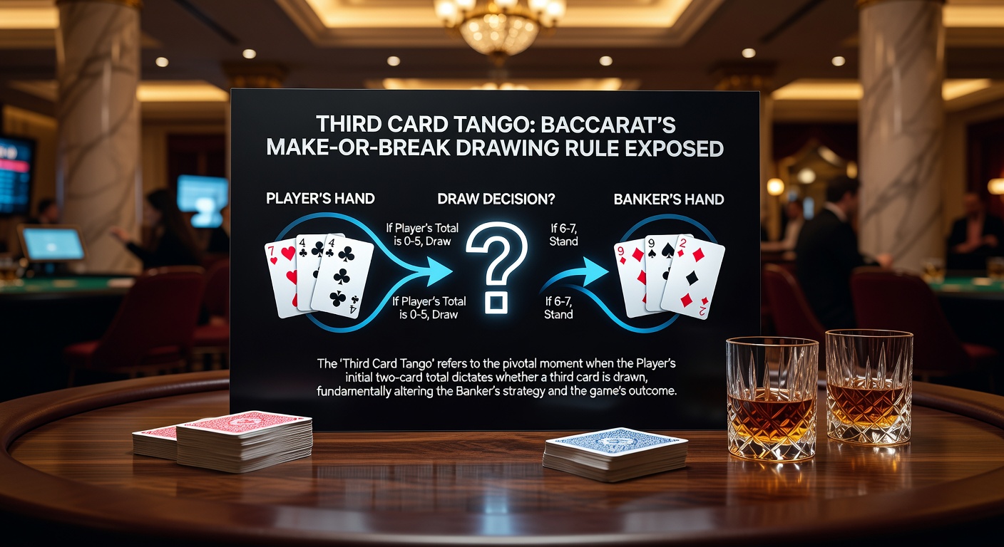 Nahaufnahme einer dritten Karte, die auf dem Baccarat-Tisch gezogen wird, mit Chips und Spielern im Hintergrund